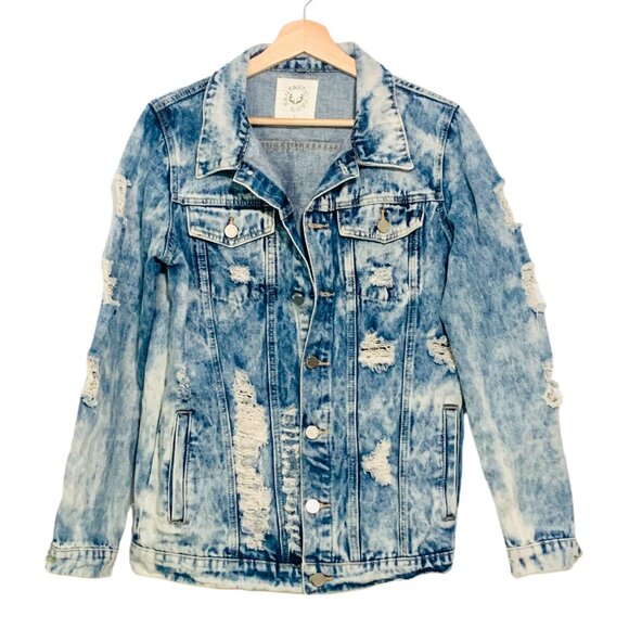 Fantastic Fawn Distressed Denim Jacket Size Small Acid Wash Trucker Jean Jacket - Picture 2 of 11